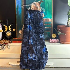 VINTAGE Blue SARONG WRAP Skirt Beach Coverup Egyptian Print Boho Resort One Size